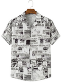 Men's Black & White Vintage Newspaper Print Casual Half Sleeve Shirt